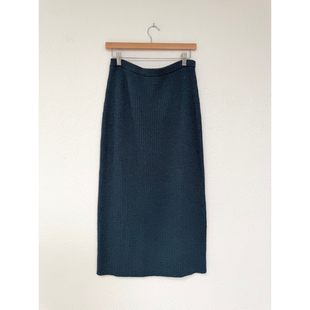 Eileen Fisher Teal Blue Ribbed 100% Merino Wool Knit Midi Skirt Quiet Luxury S